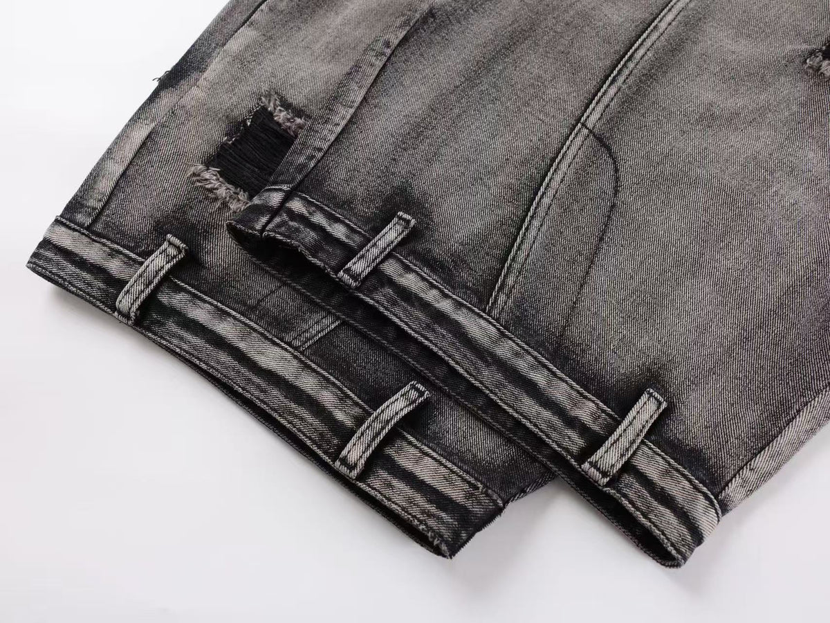 Vintage Distressed Ripped Curved Seam Baggy Wide Leg Jeans