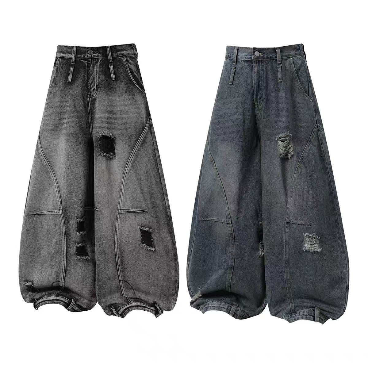 Vintage Distressed Ripped Curved Seam Baggy Wide Leg Jeans