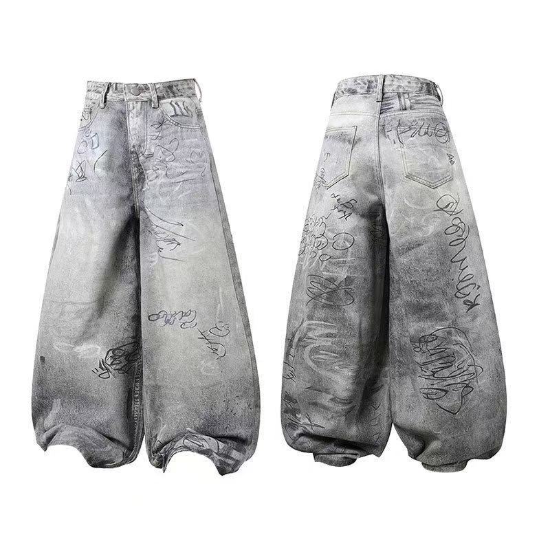 Vintage Washed Graffiti Scribble Print Baggy Wide Leg Jeans