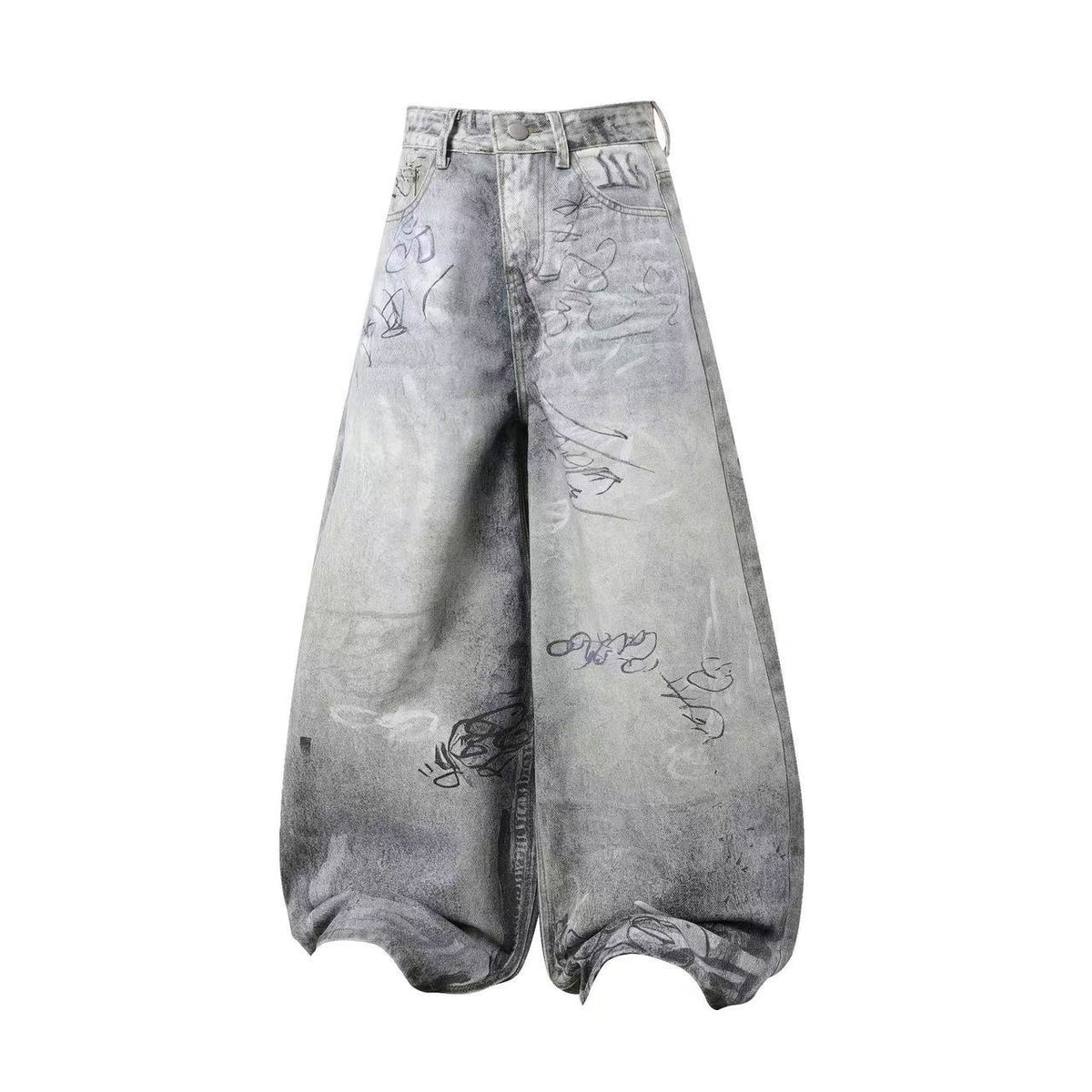 Vintage Washed Graffiti Scribble Print Baggy Wide Leg Jeans