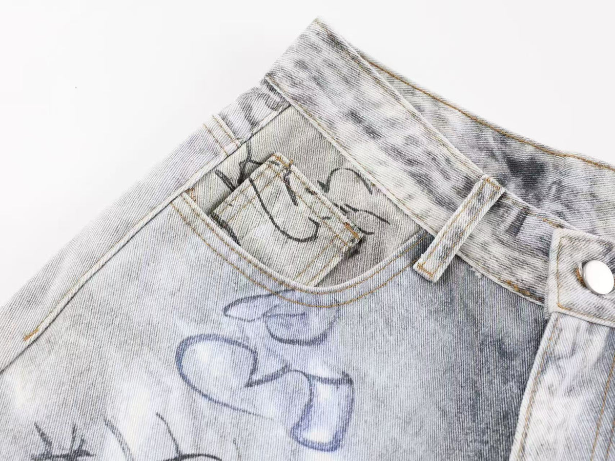 Vintage Washed Graffiti Scribble Print Baggy Wide Leg Jeans