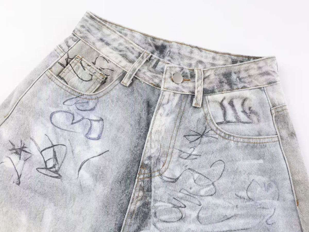 Vintage Washed Graffiti Scribble Print Baggy Wide Leg Jeans