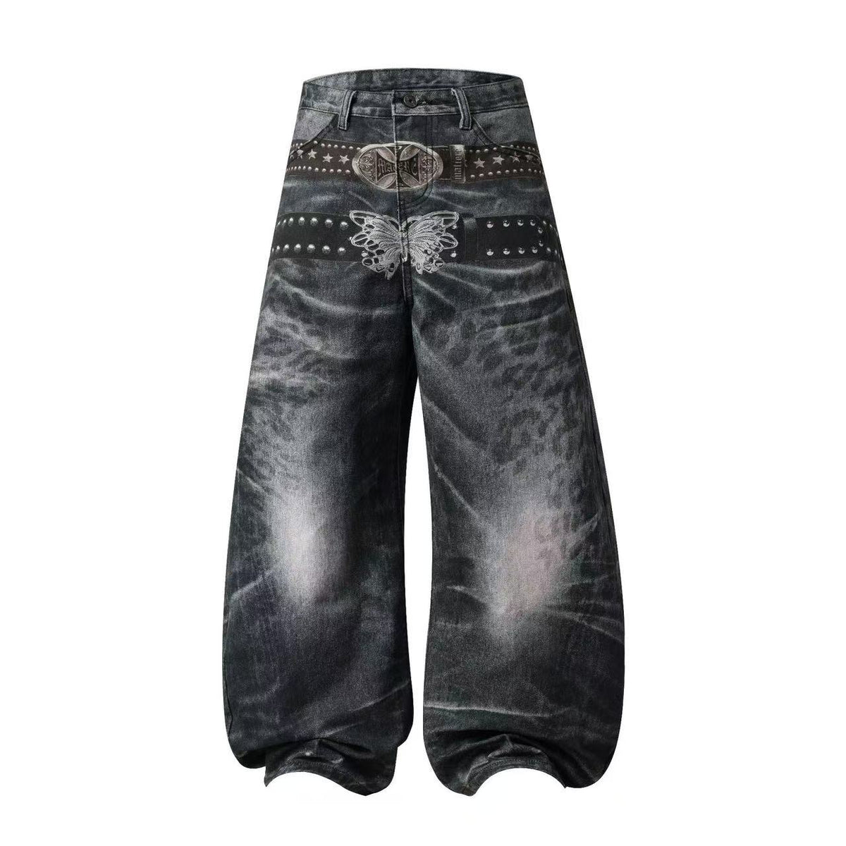 Vintage Leopard Print Studded Belt Baggy Wide Leg Jeans
