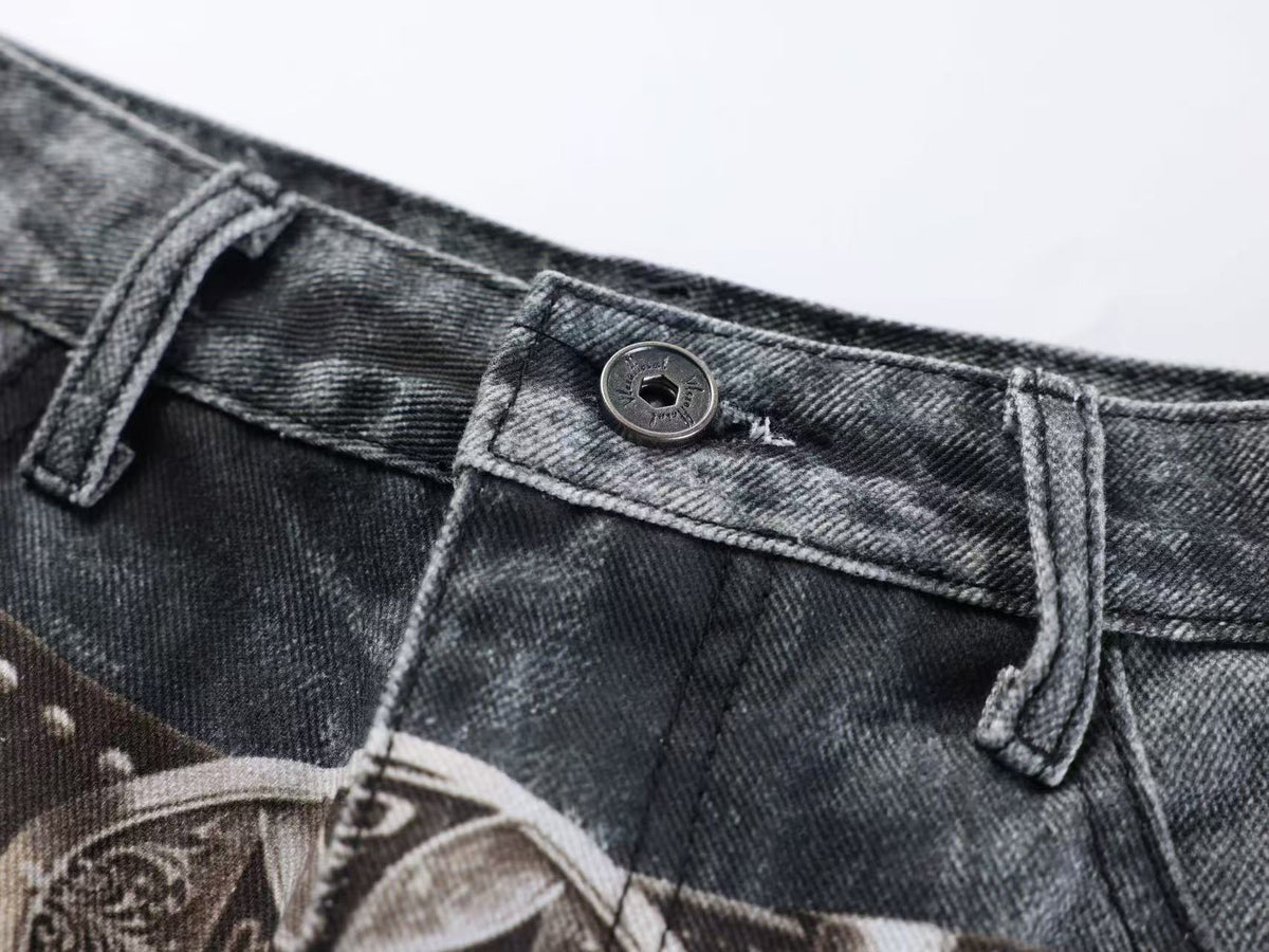 Vintage Leopard Print Studded Belt Baggy Wide Leg Jeans