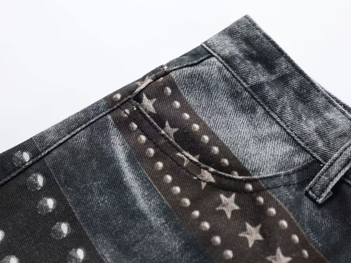 Vintage Leopard Print Studded Belt Baggy Wide Leg Jeans