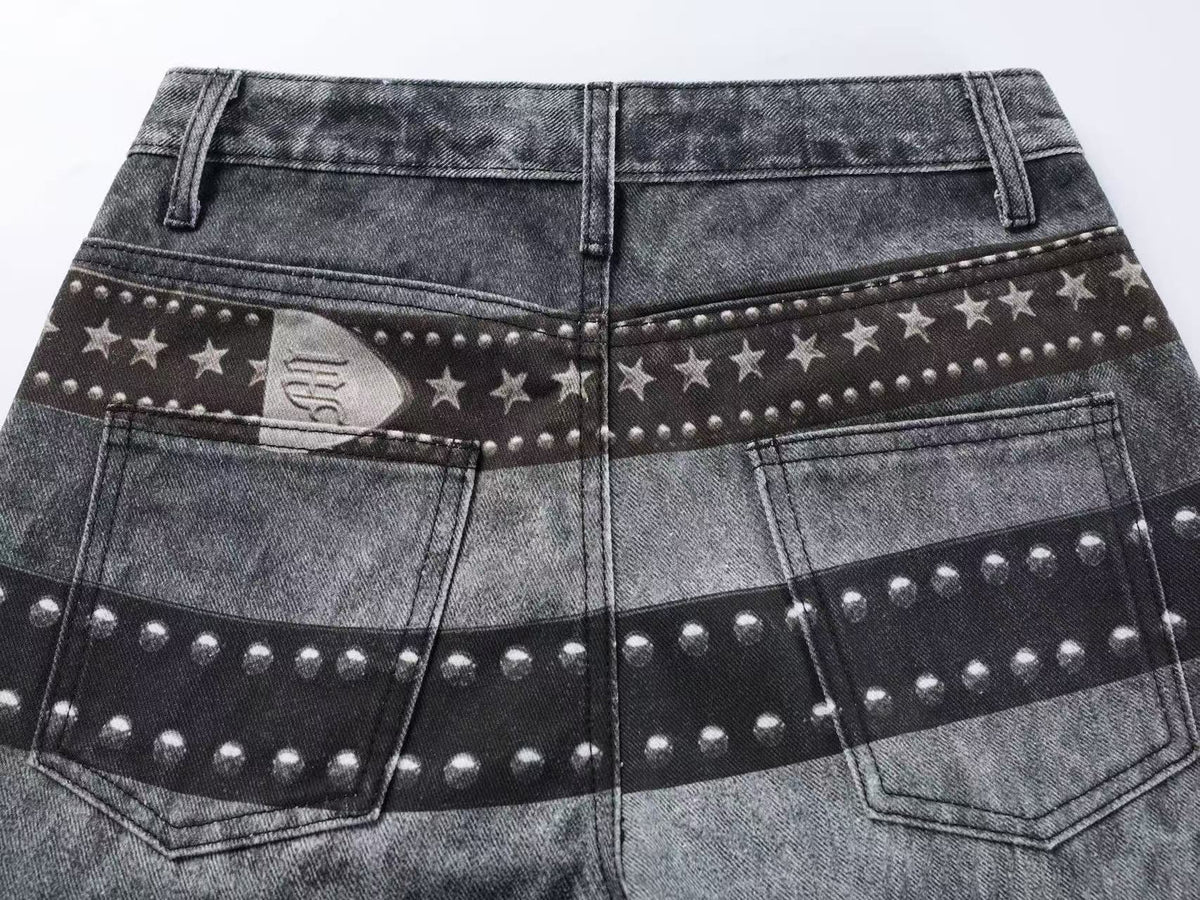 Vintage Leopard Print Studded Belt Baggy Wide Leg Jeans