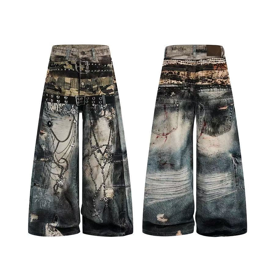 Unisex Patchwork Distressed Chain Graphic Baggy Wide Leg Jeans