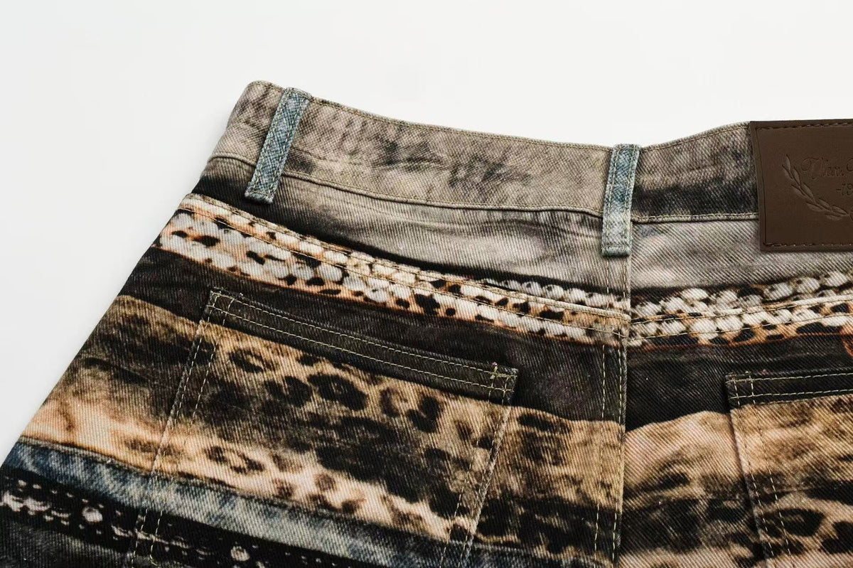 Unisex Patchwork Distressed Chain Graphic Baggy Wide Leg Jeans