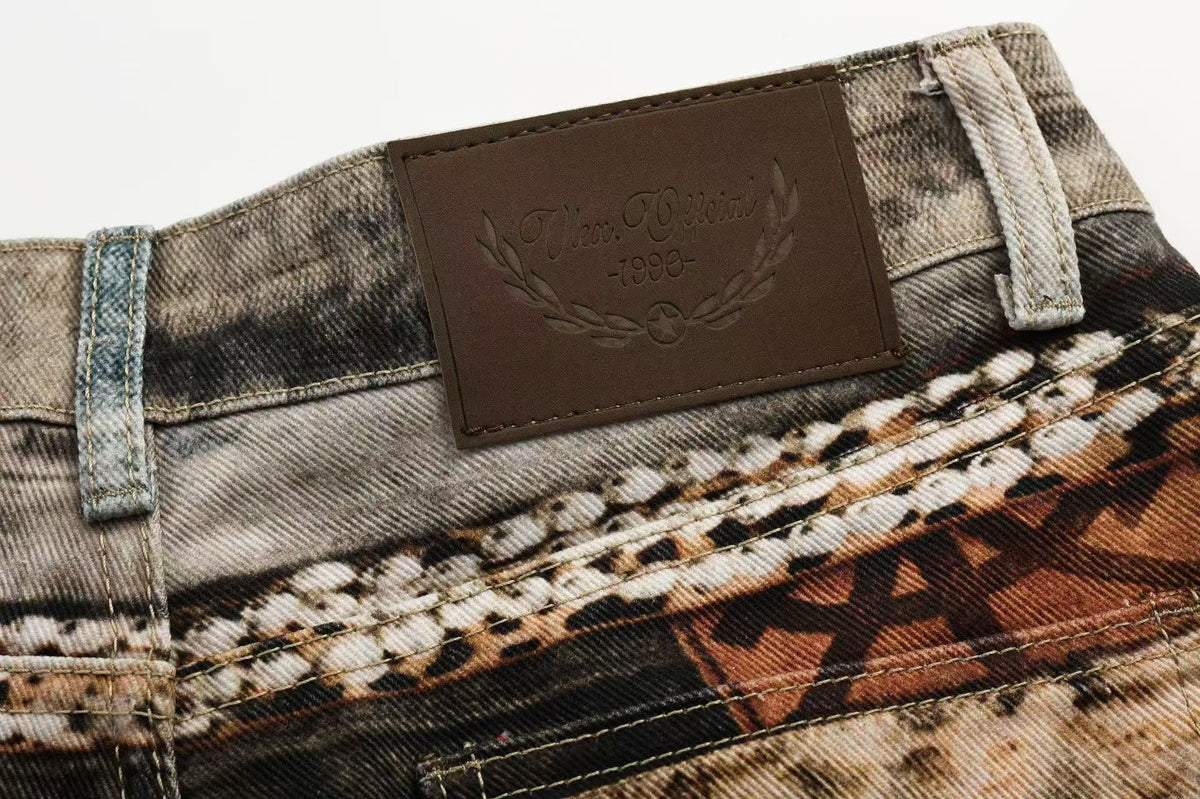 Unisex Patchwork Distressed Chain Graphic Baggy Wide Leg Jeans