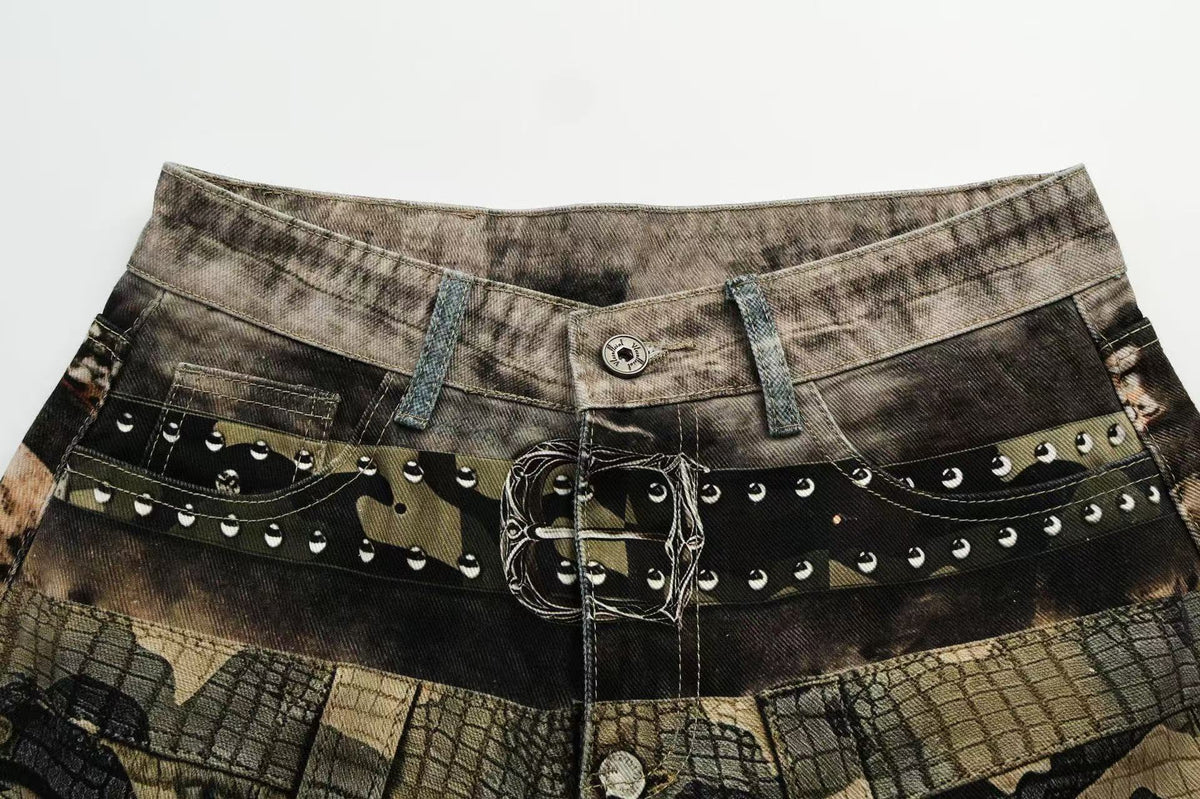 Unisex Patchwork Distressed Chain Graphic Baggy Wide Leg Jeans