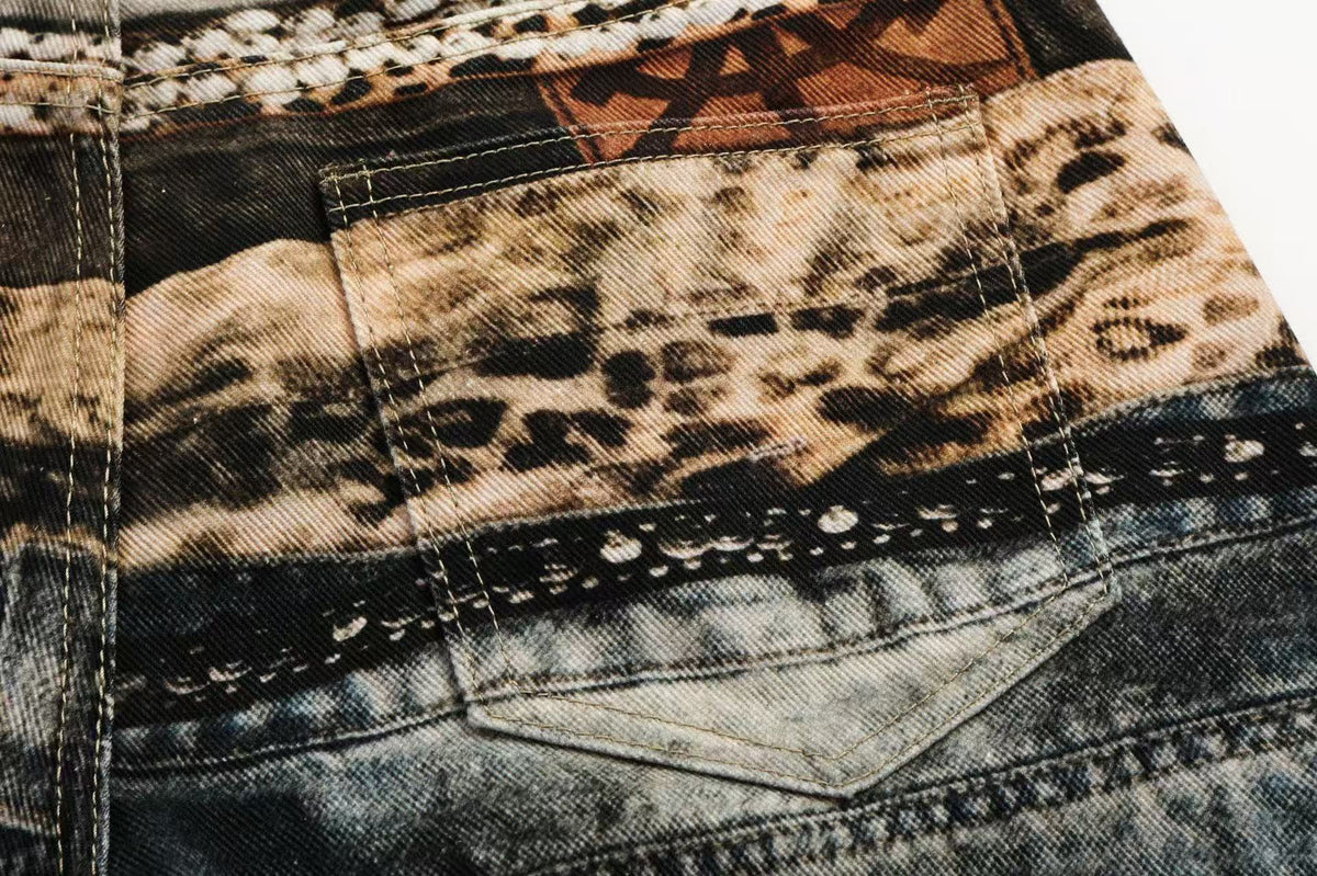 Unisex Patchwork Distressed Chain Graphic Baggy Wide Leg Jeans