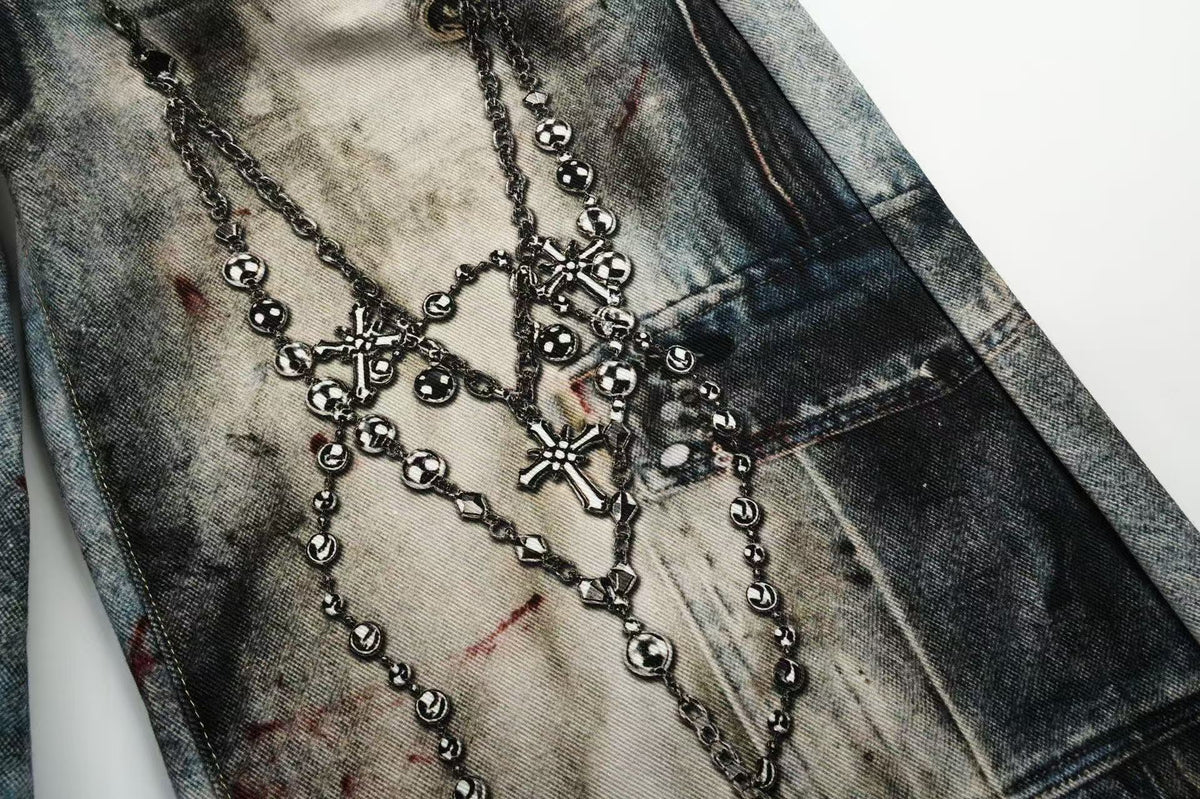 Unisex Patchwork Distressed Chain Graphic Baggy Wide Leg Jeans