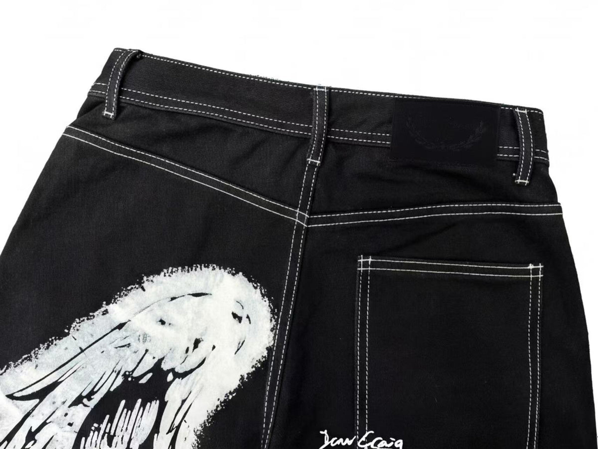Wing Graphic Script Print Contrast Stitch Baggy Wide Leg Jeans