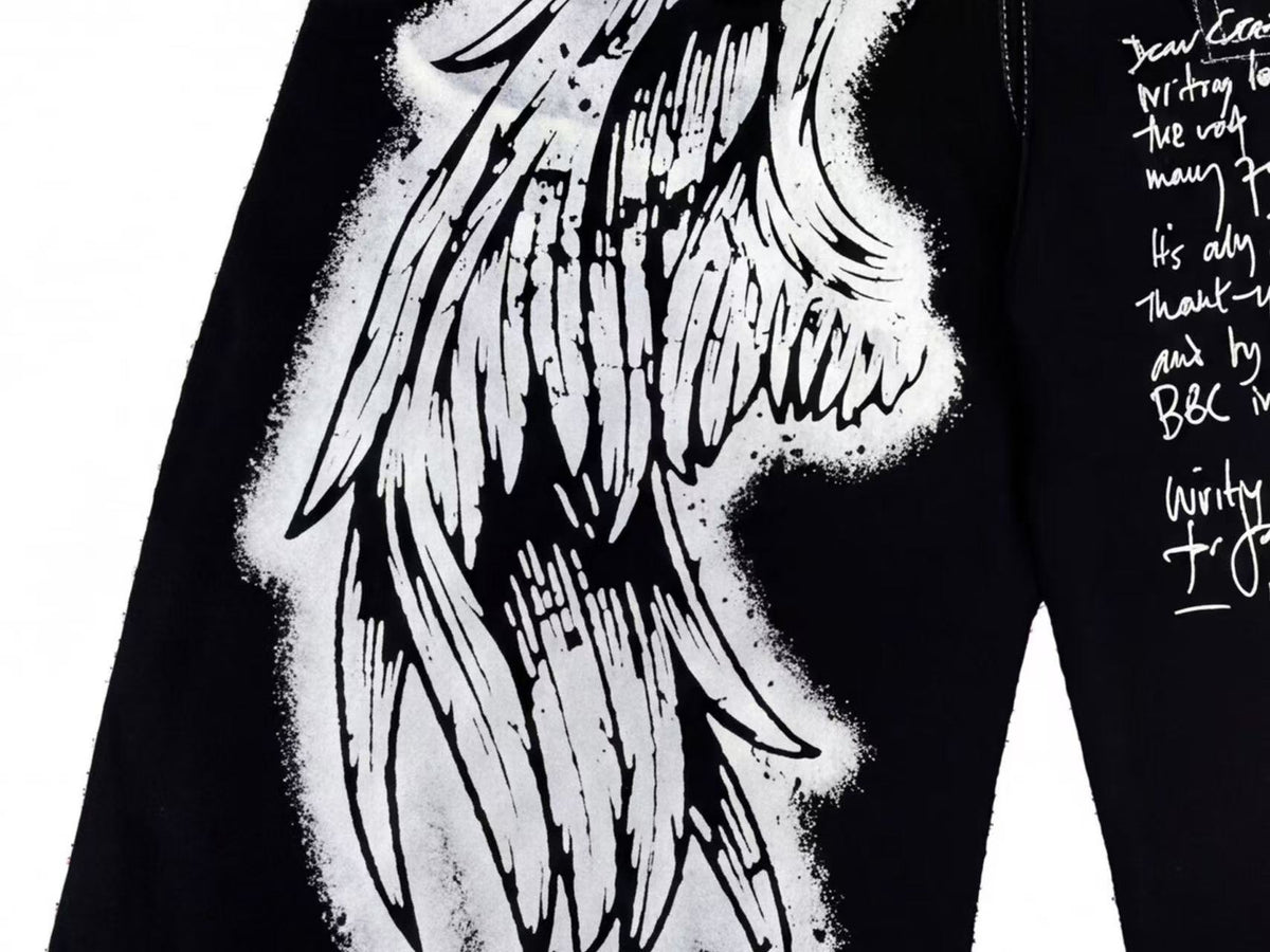 Wing Graphic Script Print Contrast Stitch Baggy Wide Leg Jeans