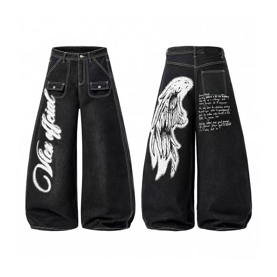 Wing Graphic Script Print Contrast Stitch Baggy Wide Leg Jeans
