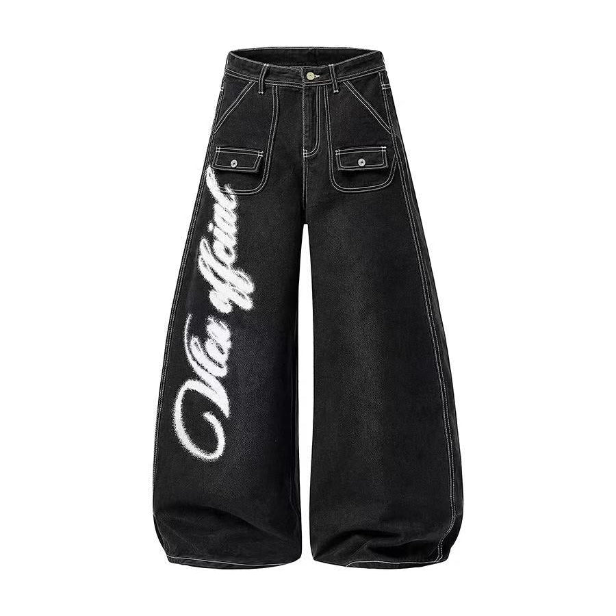 Wing Graphic Script Print Contrast Stitch Baggy Wide Leg Jeans