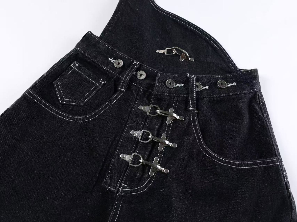 Unisex Detachable Apron Panel Metal Buckle Baggy Wide Leg Jeans