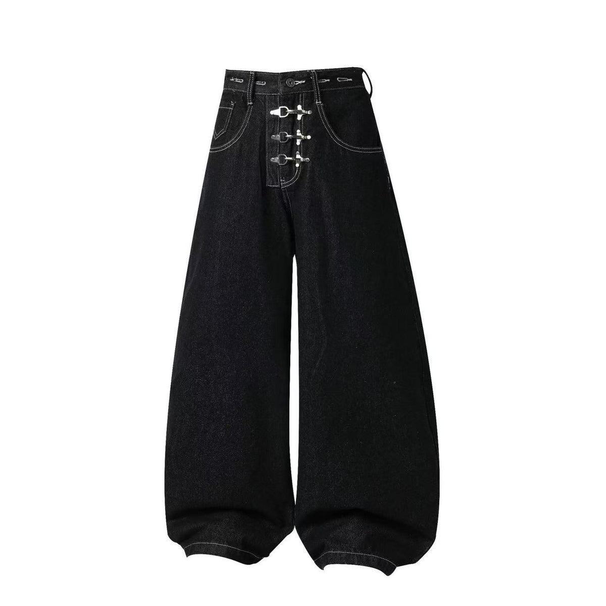 Unisex Detachable Apron Panel Metal Buckle Baggy Wide Leg Jeans