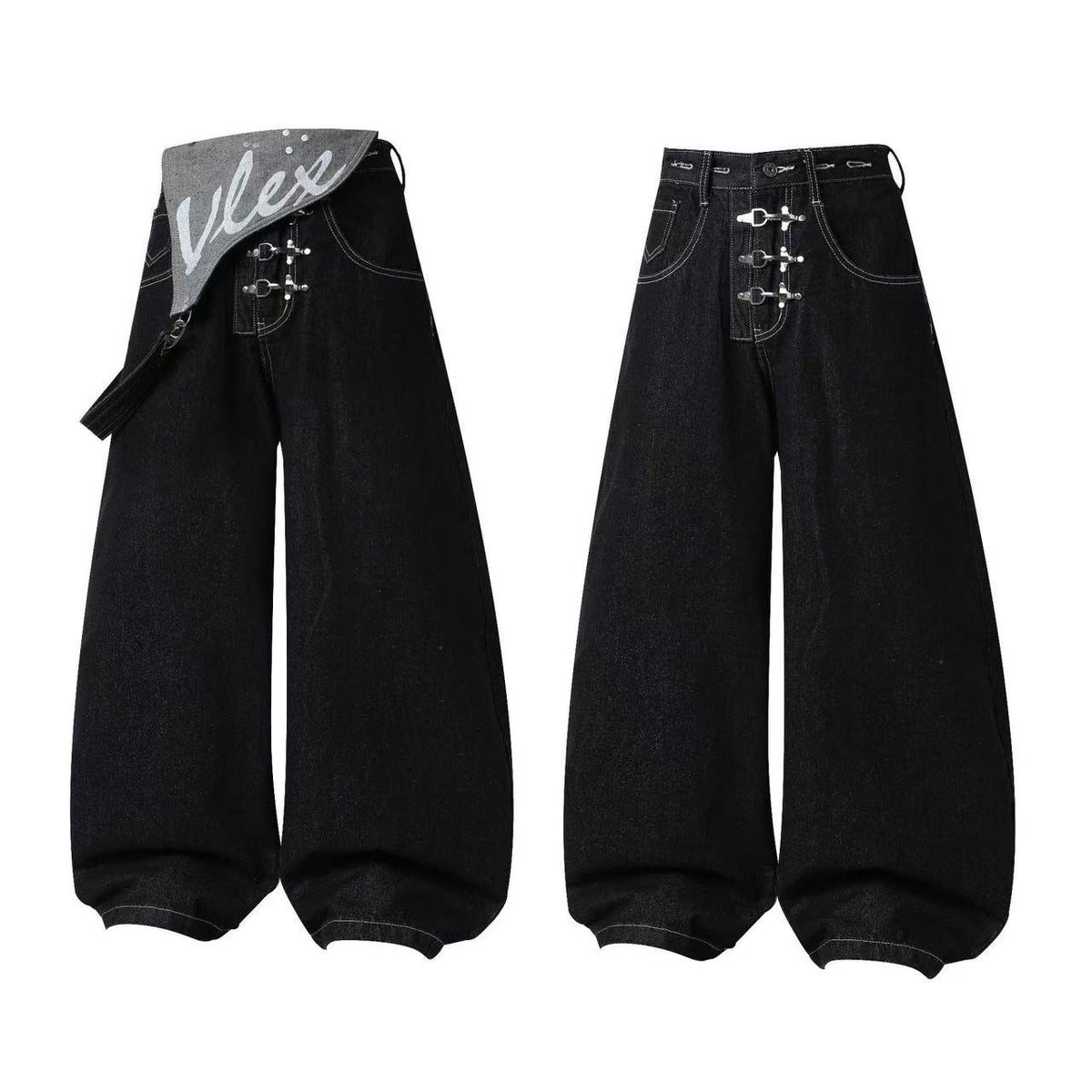 Unisex Detachable Apron Panel Metal Buckle Baggy Wide Leg Jeans