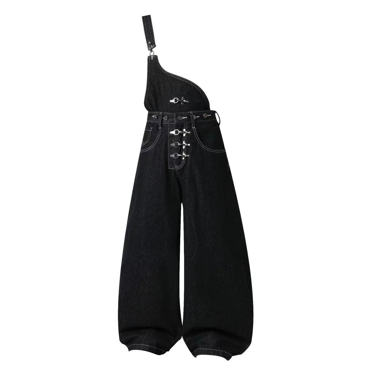 Unisex Detachable Apron Panel Metal Buckle Baggy Wide Leg Jeans