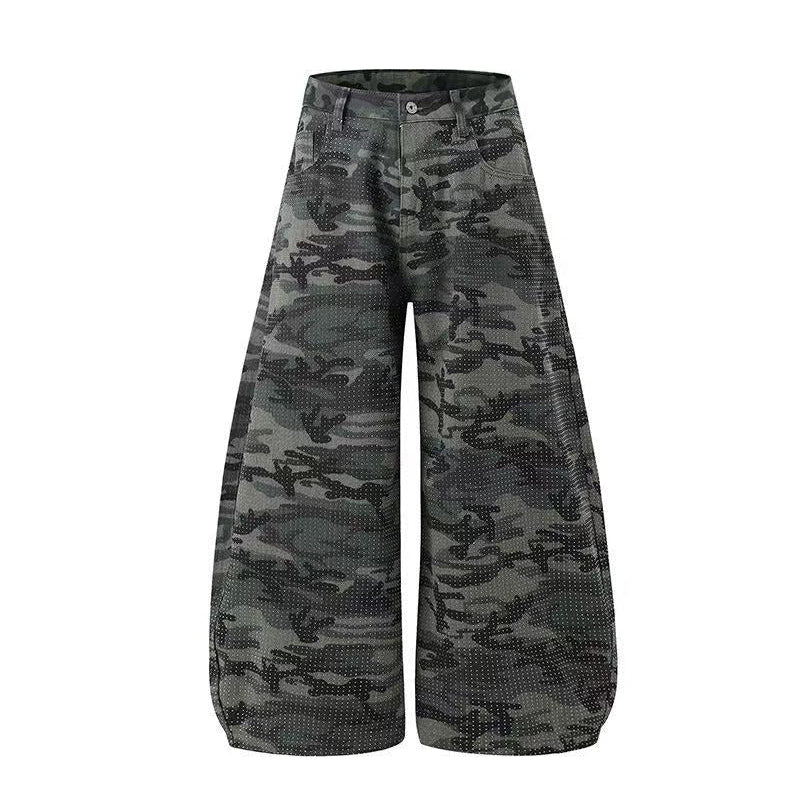 Streetwear Camo Rhinestone Baggy Wide Leg Jeans