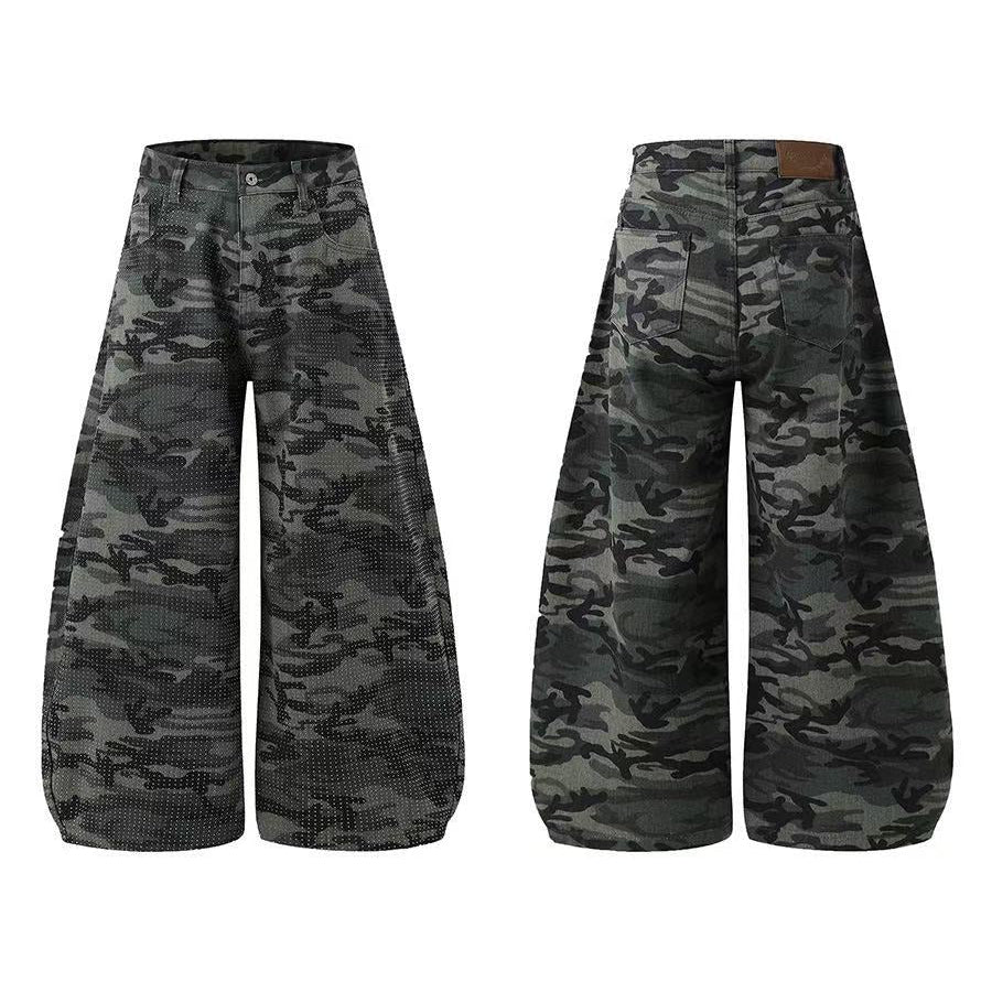 Streetwear Camo Rhinestone Baggy Wide Leg Jeans