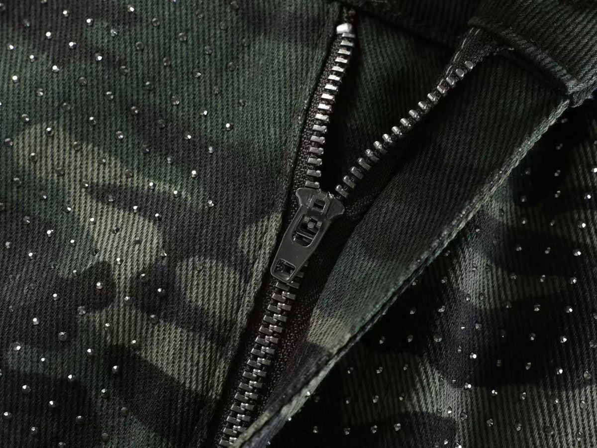 Streetwear Camo Rhinestone Baggy Wide Leg Jeans