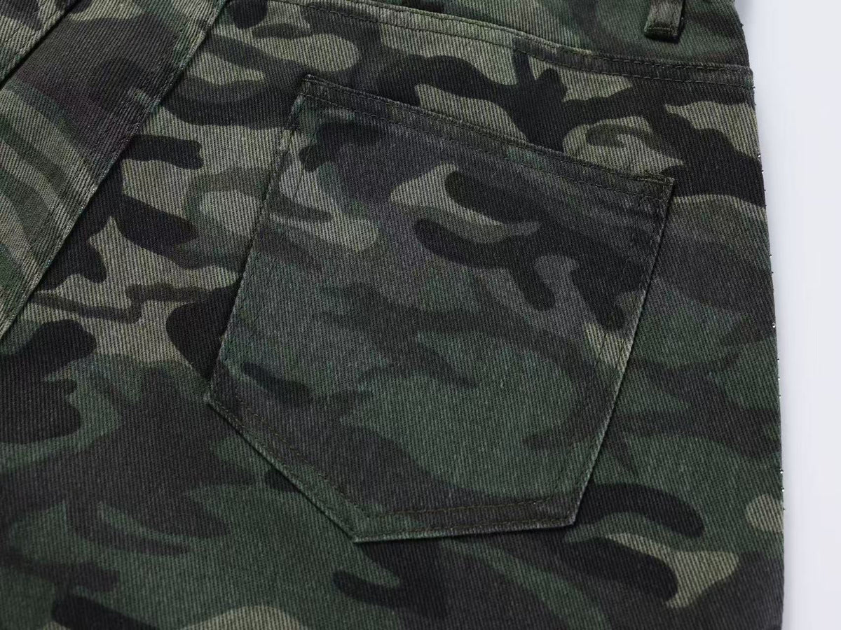 Streetwear Camo Rhinestone Baggy Wide Leg Jeans