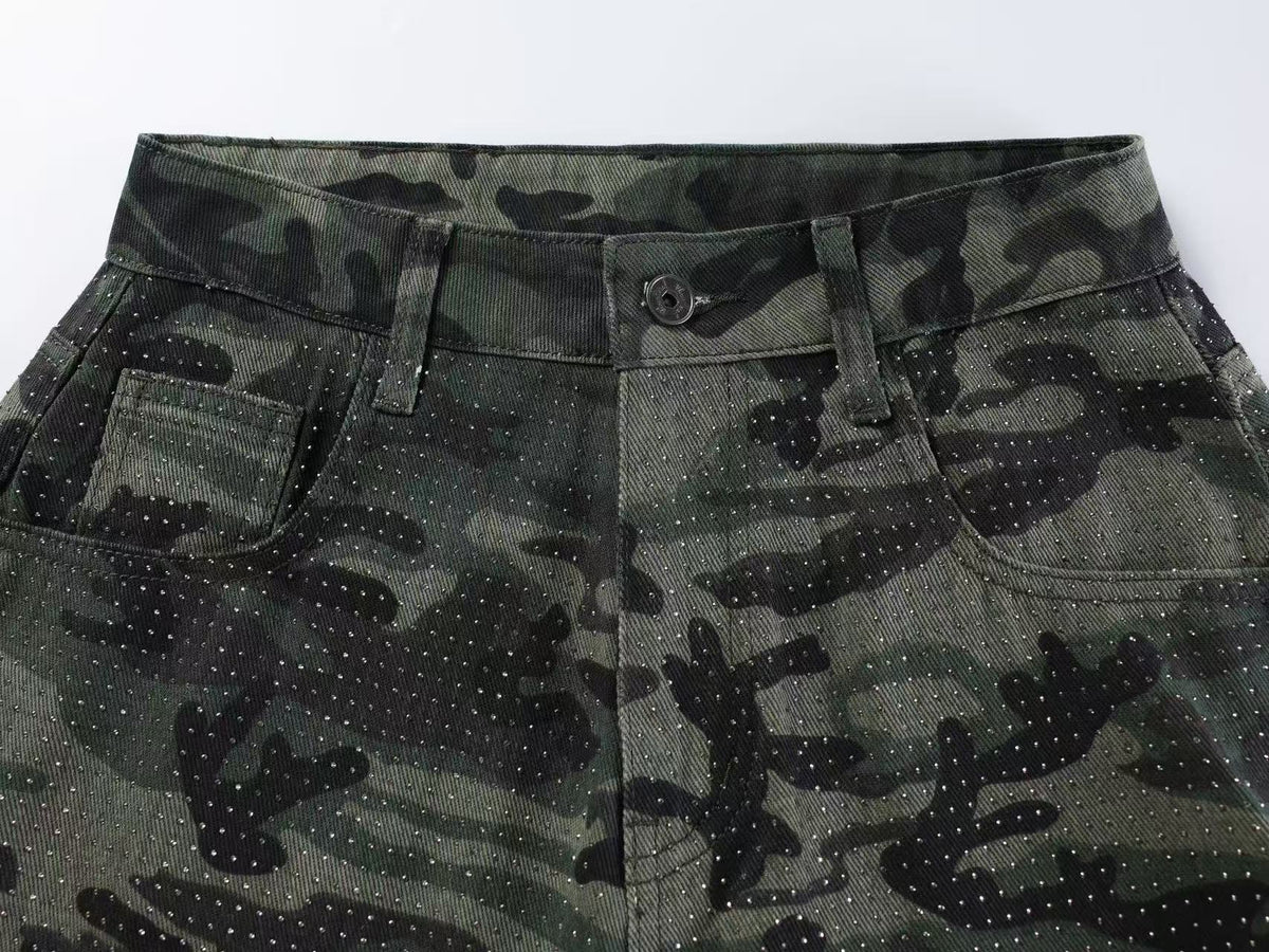 Streetwear Camo Rhinestone Baggy Wide Leg Jeans