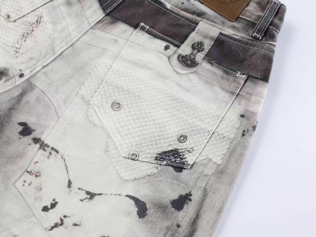 Streetwear Ink Wash Splatter Print Baggy Wide Leg Jeans