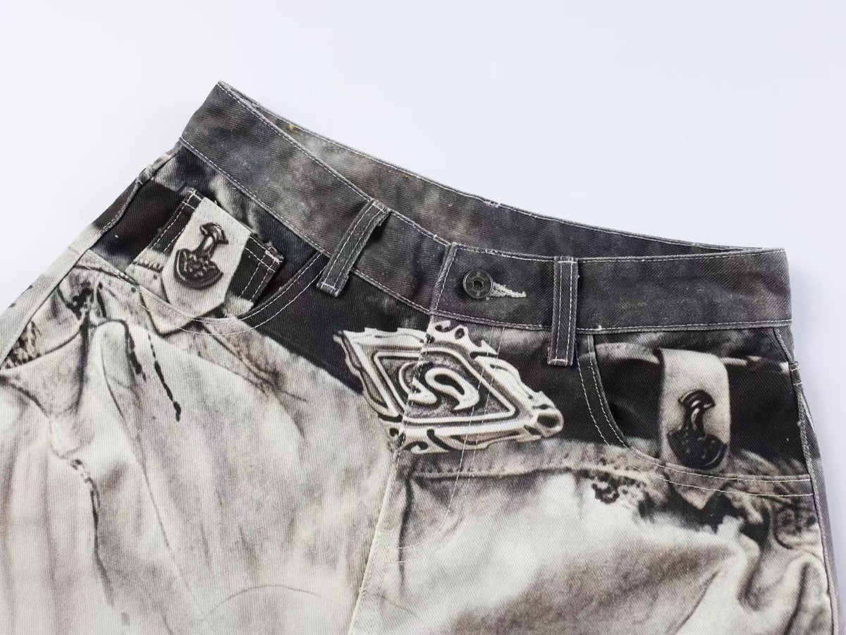 Streetwear Ink Wash Splatter Print Baggy Wide Leg Jeans
