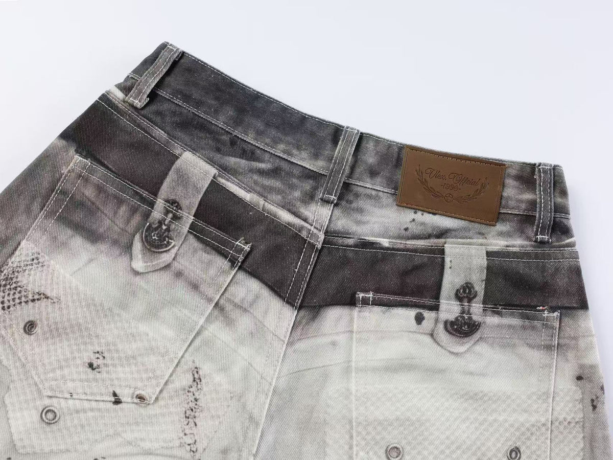 Streetwear Ink Wash Splatter Print Baggy Wide Leg Jeans
