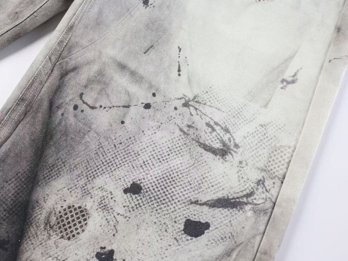Streetwear Ink Wash Splatter Print Baggy Wide Leg Jeans
