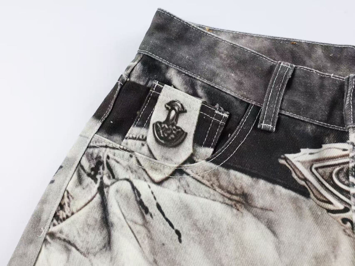 Streetwear Ink Wash Splatter Print Baggy Wide Leg Jeans