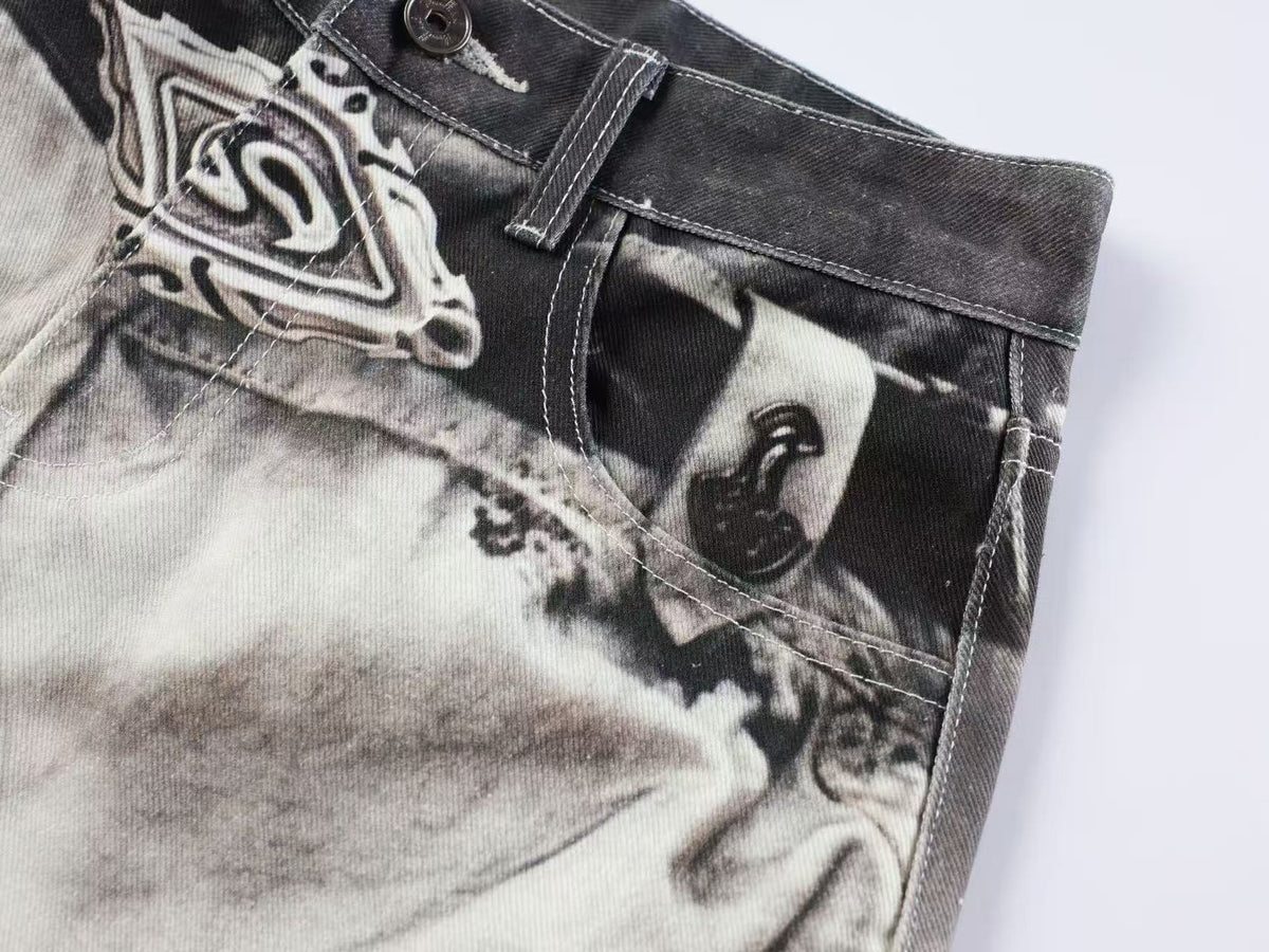 Streetwear Ink Wash Splatter Print Baggy Wide Leg Jeans
