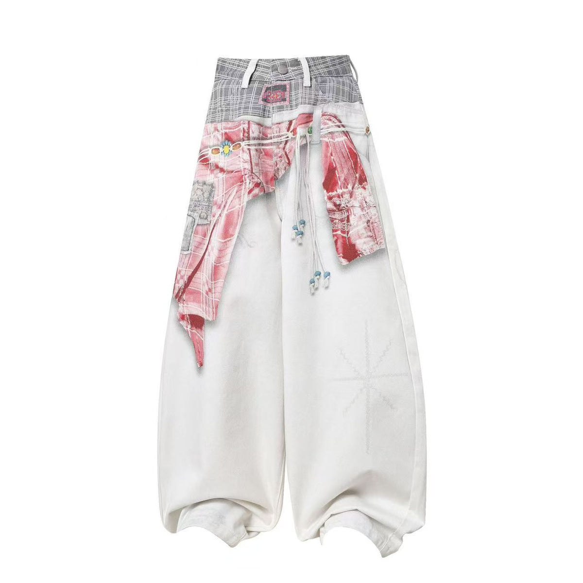 Unisex 3D Plaid Patchwork Bandana Print Baggy Wide Leg Jeans