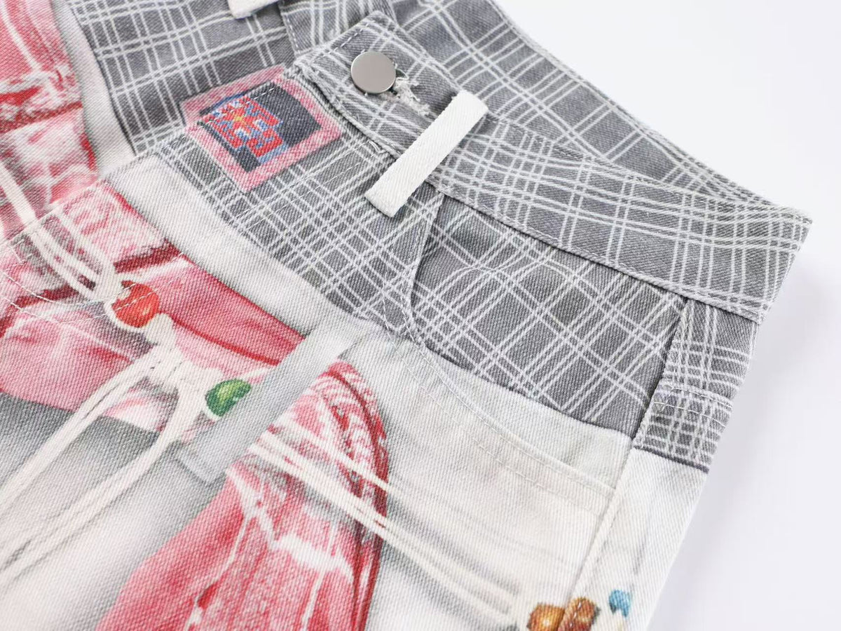 Unisex 3D Plaid Patchwork Bandana Print Baggy Wide Leg Jeans