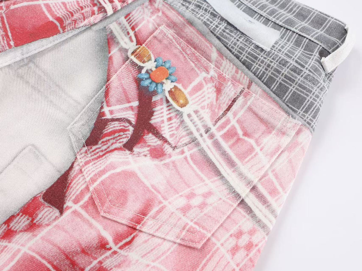 Unisex 3D Plaid Patchwork Bandana Print Baggy Wide Leg Jeans
