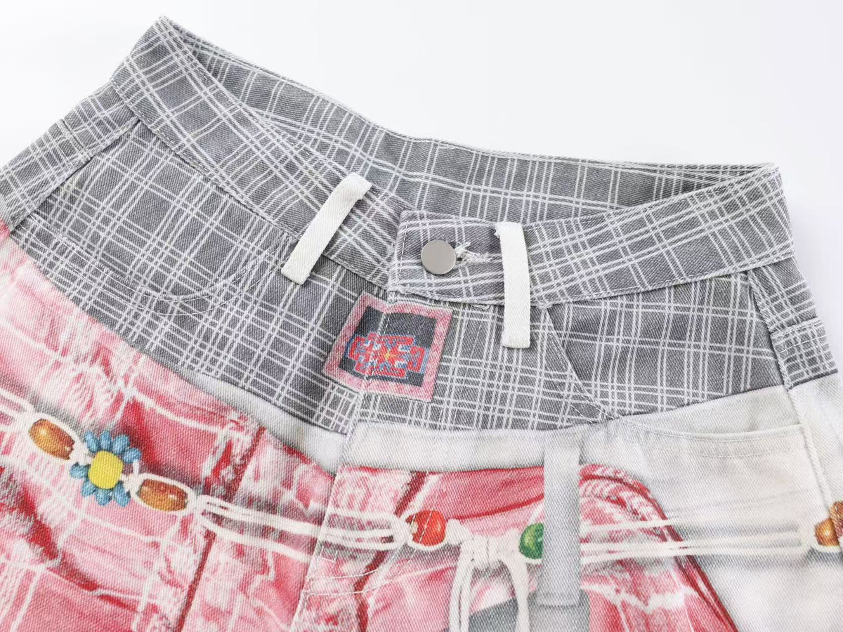 Unisex 3D Plaid Patchwork Bandana Print Baggy Wide Leg Jeans