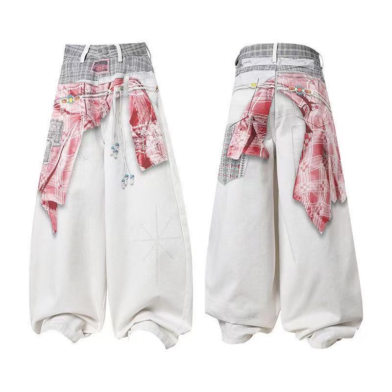 Unisex 3D Plaid Patchwork Bandana Print Baggy Wide Leg Jeans