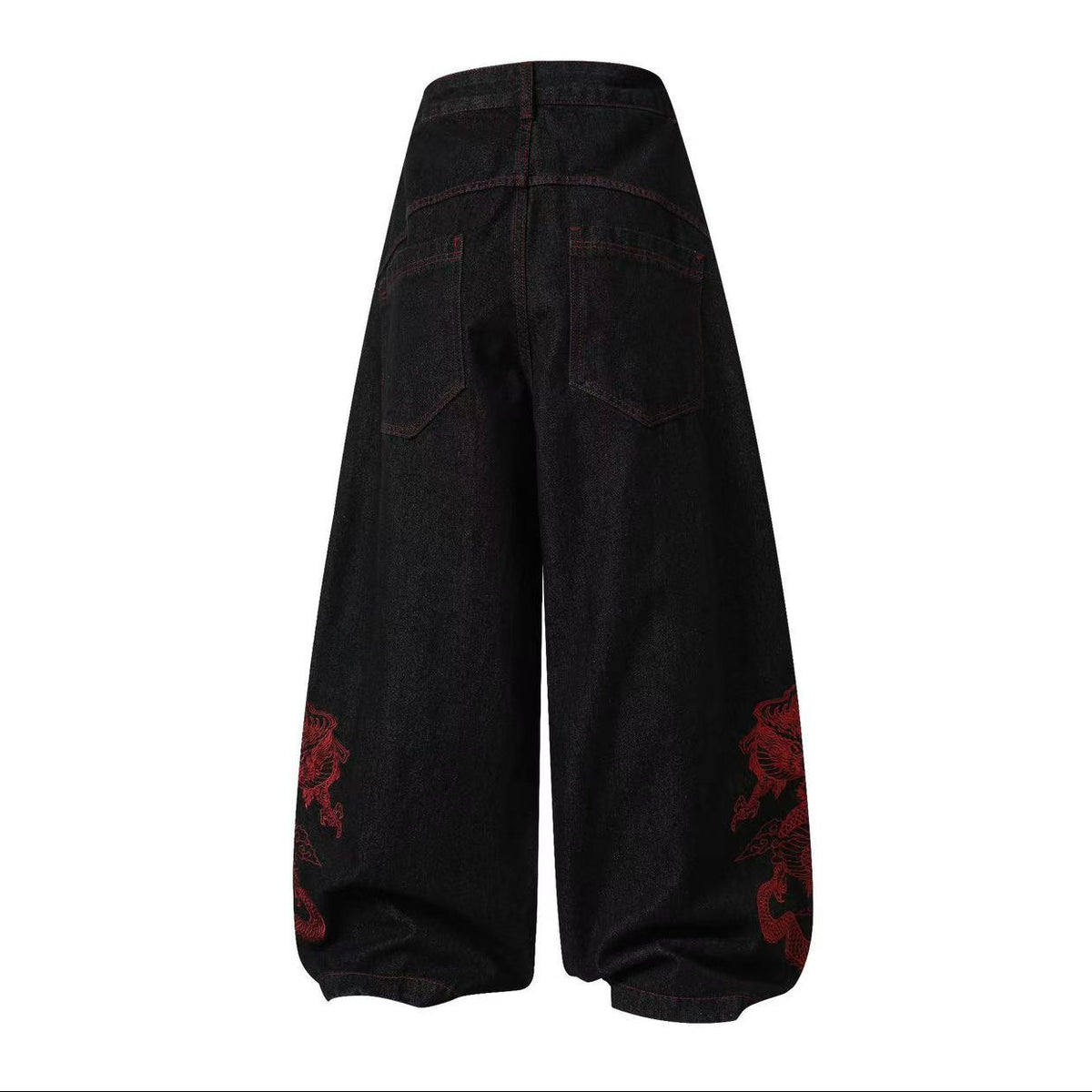 Heavy Red Dragon Totem Embroidery Multi Button Wide Leg Baggy Jeans