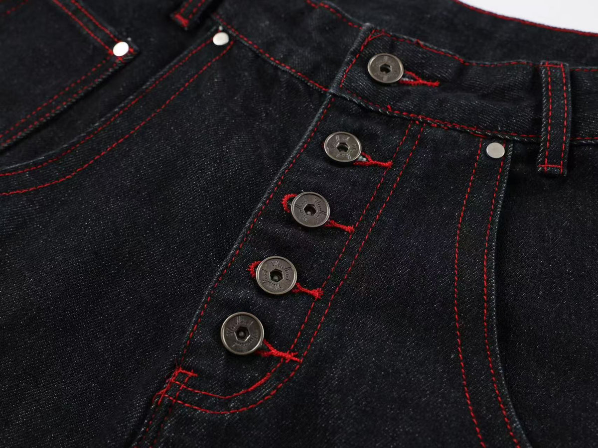 Heavy Red Dragon Totem Embroidery Multi Button Wide Leg Baggy Jeans