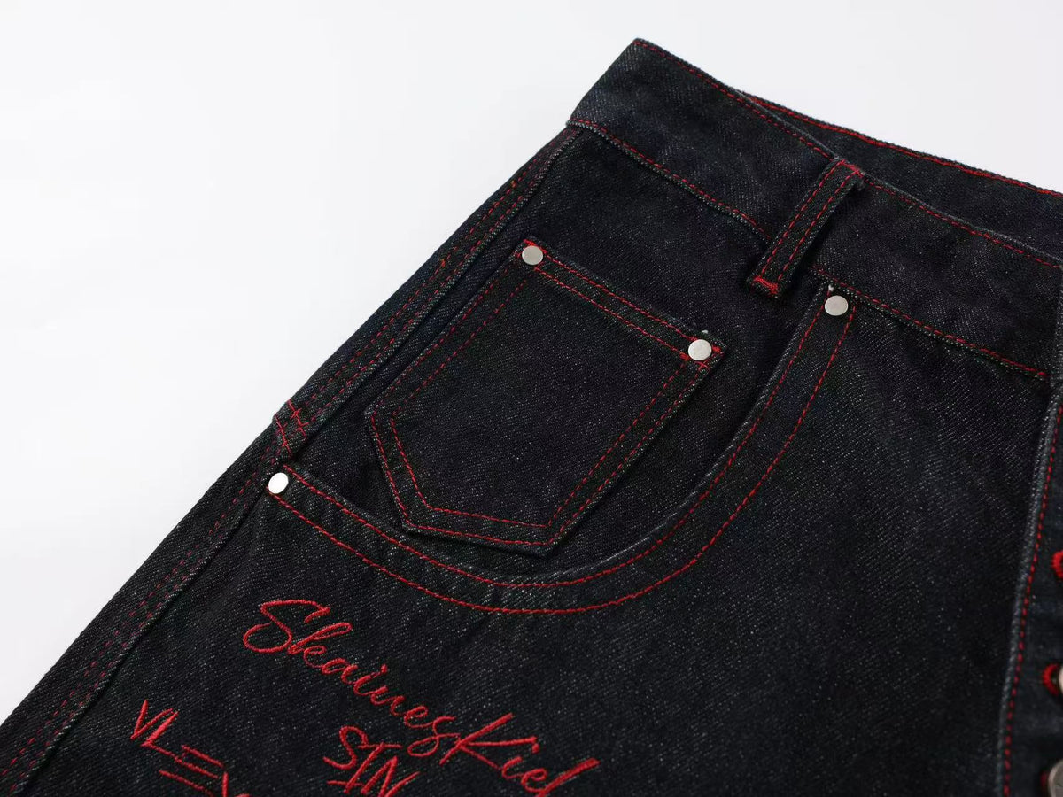 Heavy Red Dragon Totem Embroidery Multi Button Wide Leg Baggy Jeans