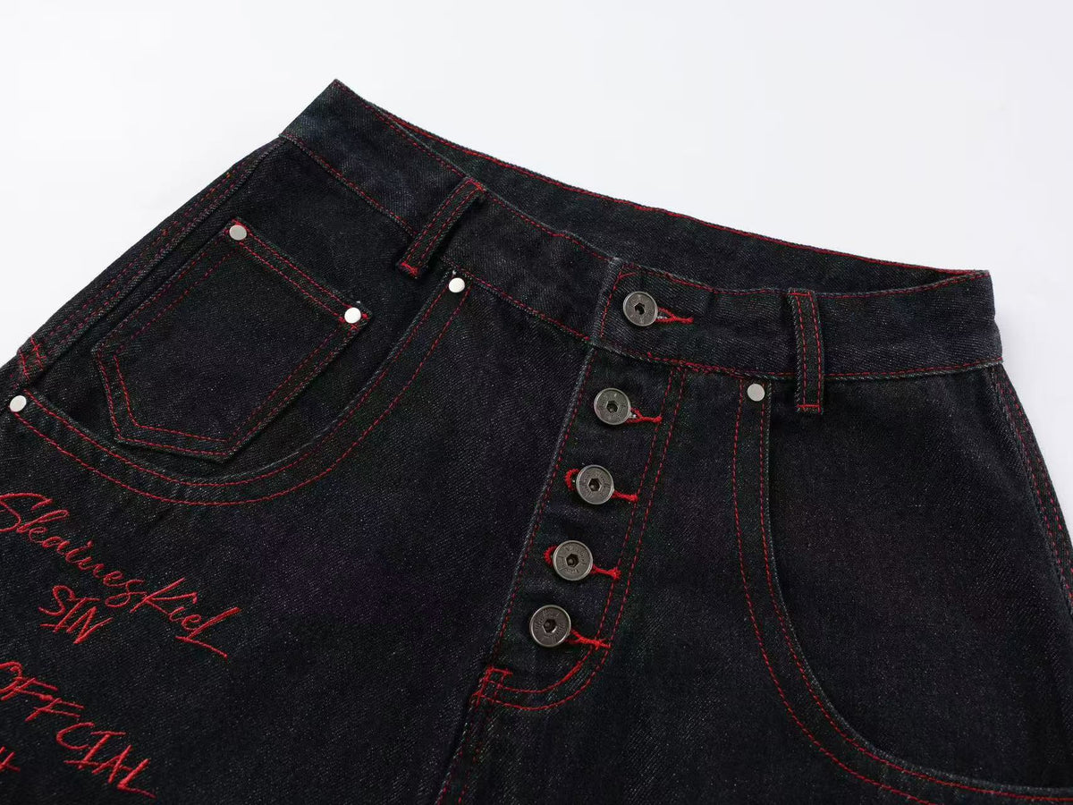 Heavy Red Dragon Totem Embroidery Multi Button Wide Leg Baggy Jeans