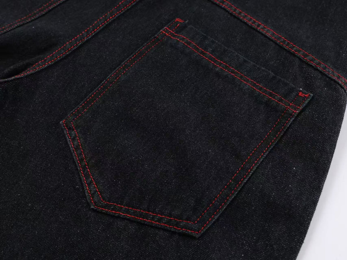 Heavy Red Dragon Totem Embroidery Multi Button Wide Leg Baggy Jeans