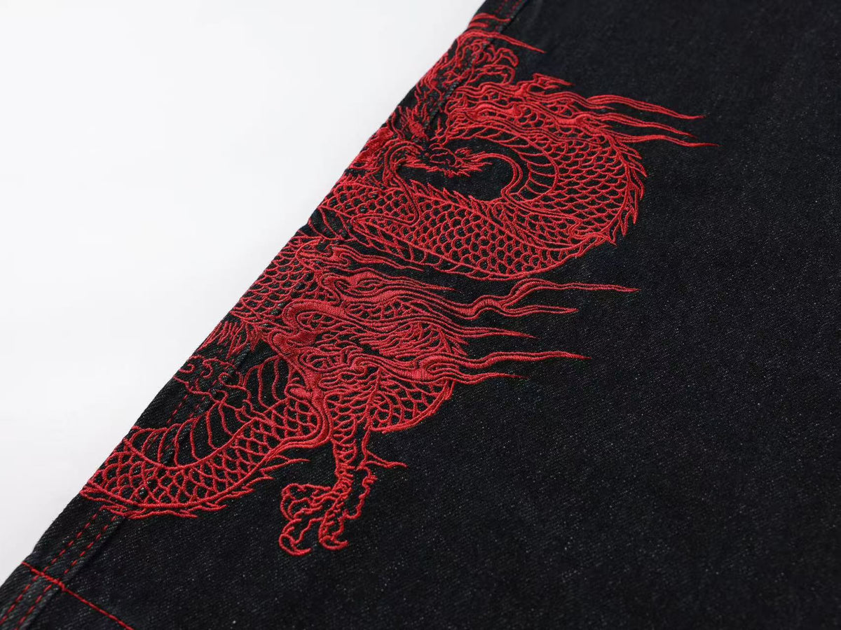 Heavy Red Dragon Totem Embroidery Multi Button Wide Leg Baggy Jeans