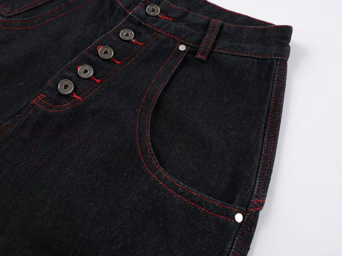 Heavy Red Dragon Totem Embroidery Multi Button Wide Leg Baggy Jeans
