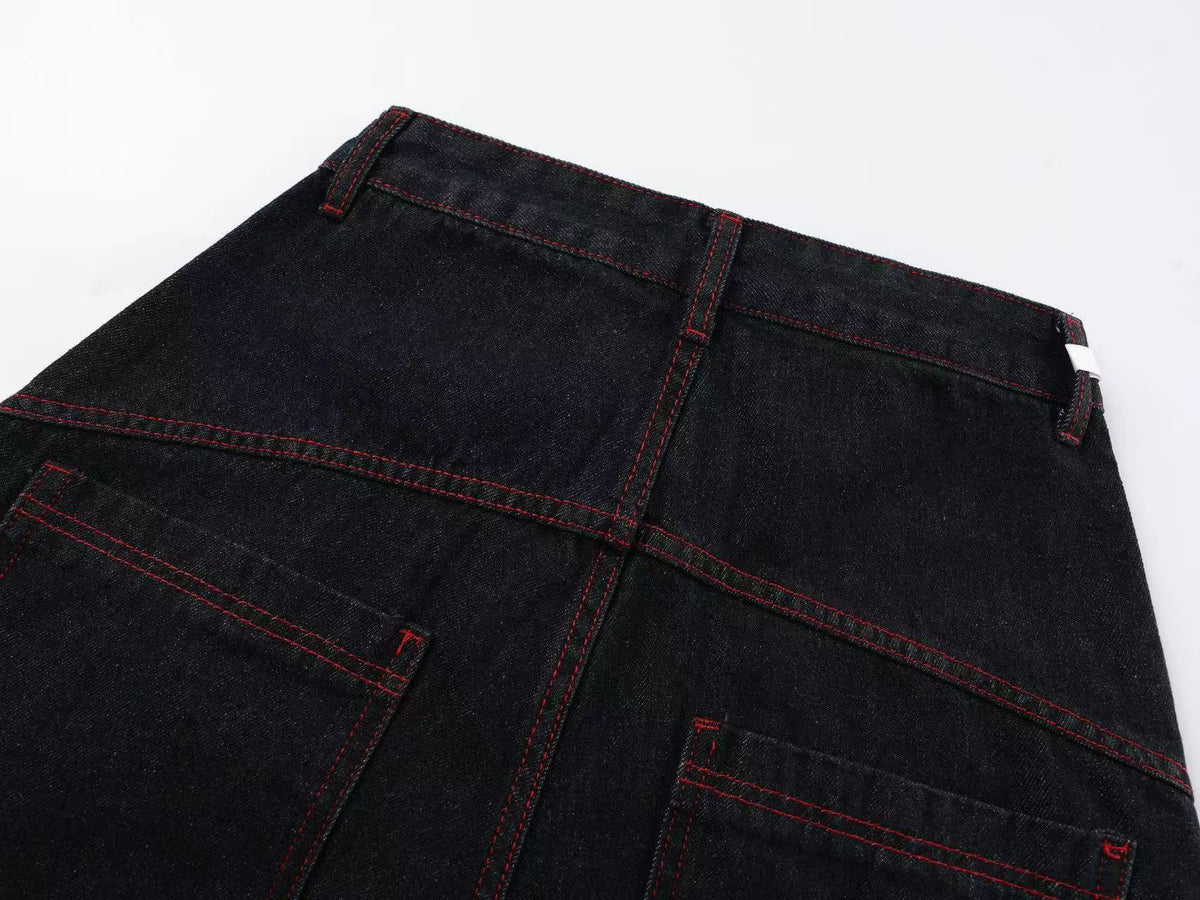 Heavy Red Dragon Totem Embroidery Multi Button Wide Leg Baggy Jeans