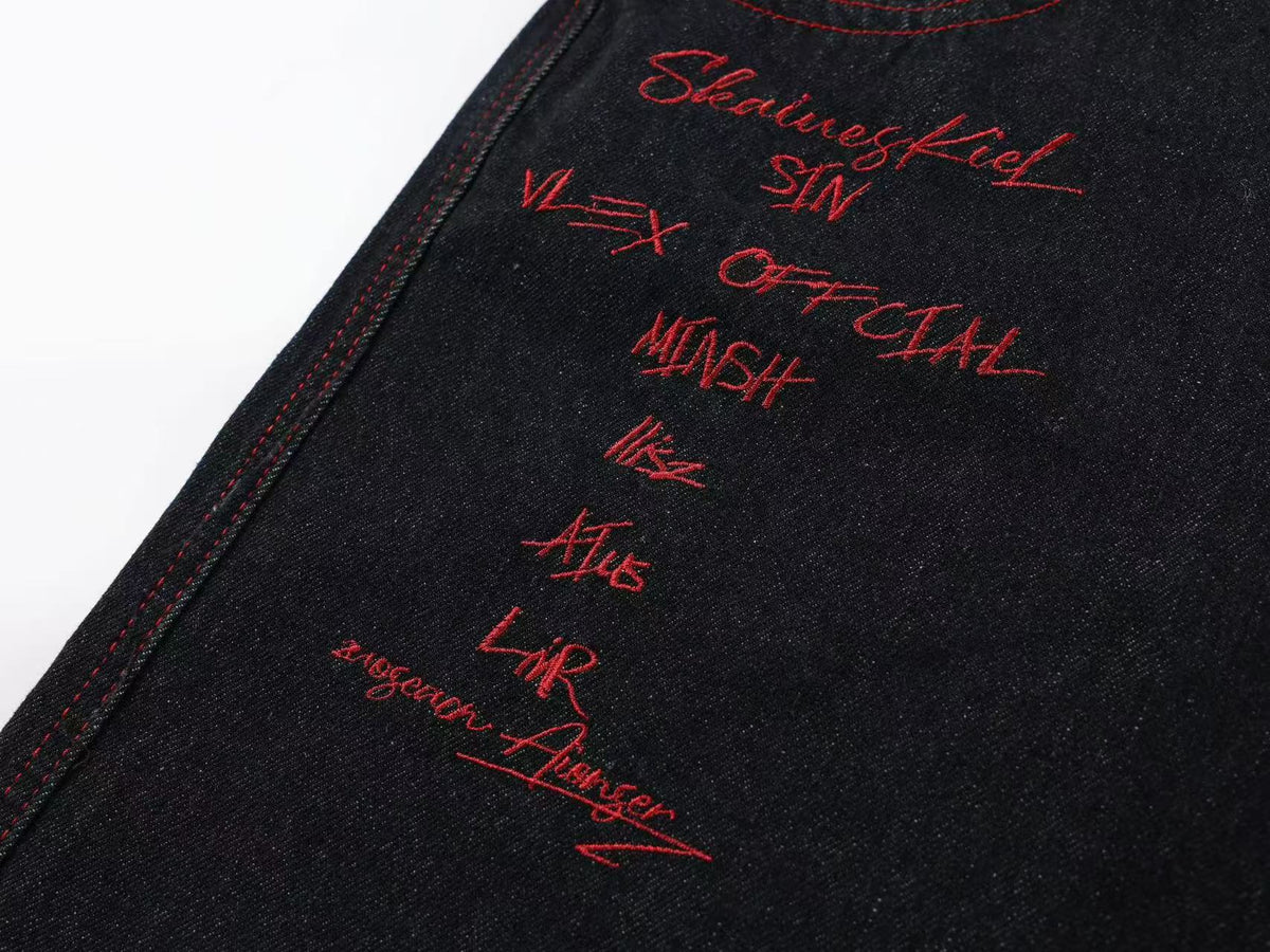 Heavy Red Dragon Totem Embroidery Multi Button Wide Leg Baggy Jeans