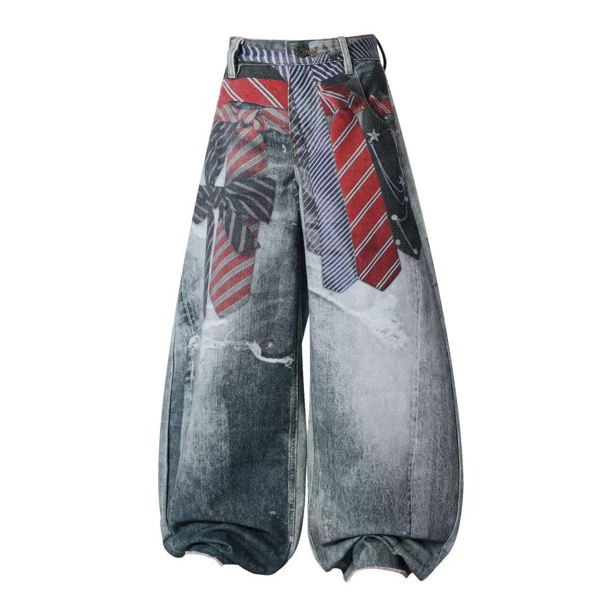 3D Tie & Scarf Print Distressed Baggy Wide Leg Jeans